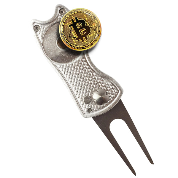 HODL 21 Bitcoin Golf Divot Repair Tool All-Metal Golf Accessories - 3- in-1 Golf Multitool (Divot Tool Ball Marker Club Holder) | Foldable with with Pop-up Button & Magnetic Ball Marker