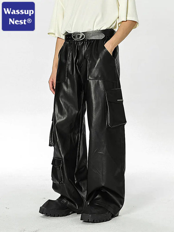 Men's Loose Straight Retro PU Leather Cargo Pants (One Piece)