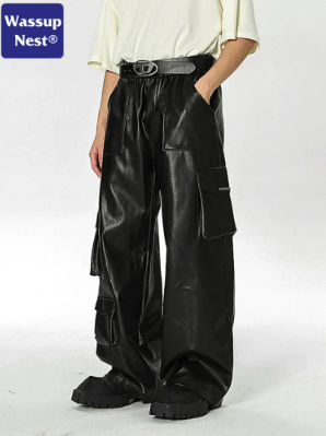 Men's Loose Straight Retro PU Leather Cargo Pants (One Piece)